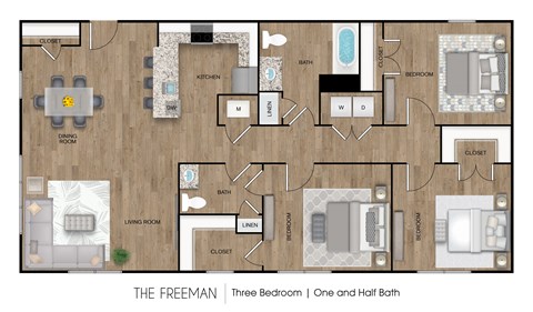 Floor plan for 3 beds, 1.5 baths, 1250 sqft